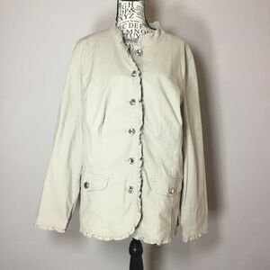 Cream military style jacket clear gem buttons ruffle edge XL